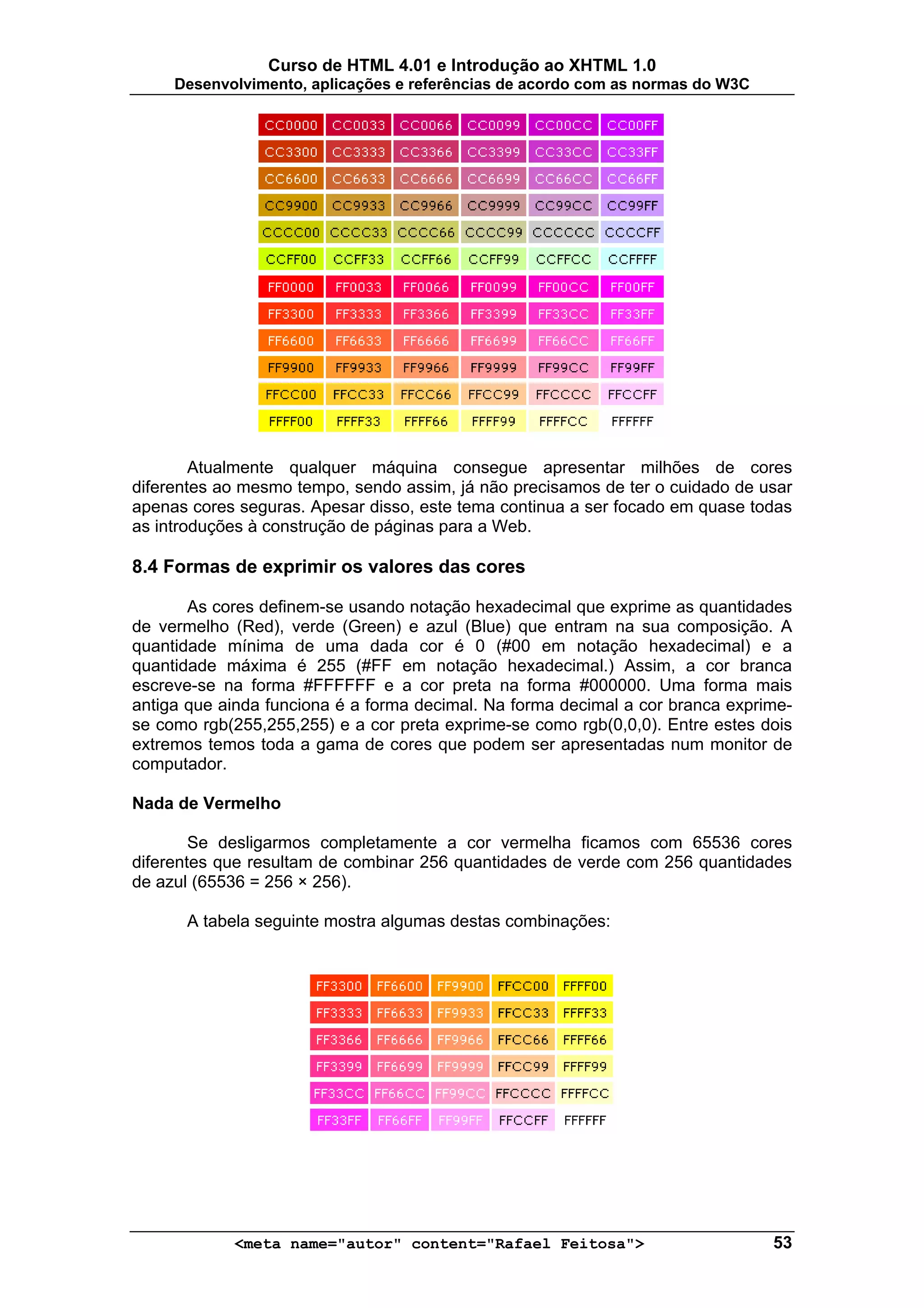 Curso de HTML 4.01 e Introdução ao XHTML 1.0
     Desenvolvimento, aplicações e referências de acordo com as normas do W3C




        Atualmente qualquer máquina consegue apresentar milhões de cores
diferentes ao mesmo tempo, sendo assim, já não precisamos de ter o cuidado de usar
apenas cores seguras. Apesar disso, este tema continua a ser focado em quase todas
as introduções à construção de páginas para a Web.

8.4 Formas de exprimir os valores das cores

       As cores definem-se usando notação hexadecimal que exprime as quantidades
de vermelho (Red), verde (Green) e azul (Blue) que entram na sua composição. A
quantidade mínima de uma dada cor é 0 (#00 em notação hexadecimal) e a
quantidade máxima é 255 (#FF em notação hexadecimal.) Assim, a cor branca
escreve-se na forma #FFFFFF e a cor preta na forma #000000. Uma forma mais
antiga que ainda funciona é a forma decimal. Na forma decimal a cor branca exprime-
se como rgb(255,255,255) e a cor preta exprime-se como rgb(0,0,0). Entre estes dois
extremos temos toda a gama de cores que podem ser apresentadas num monitor de
computador.

Nada de Vermelho

        Se desligarmos completamente a cor vermelha ficamos com 65536 cores
diferentes que resultam de combinar 256 quantidades de verde com 256 quantidades
de azul (65536 = 256 × 256).

      A tabela seguinte mostra algumas destas combinações:




            <meta name="autor" content="Rafael Feitosa">                        53
 