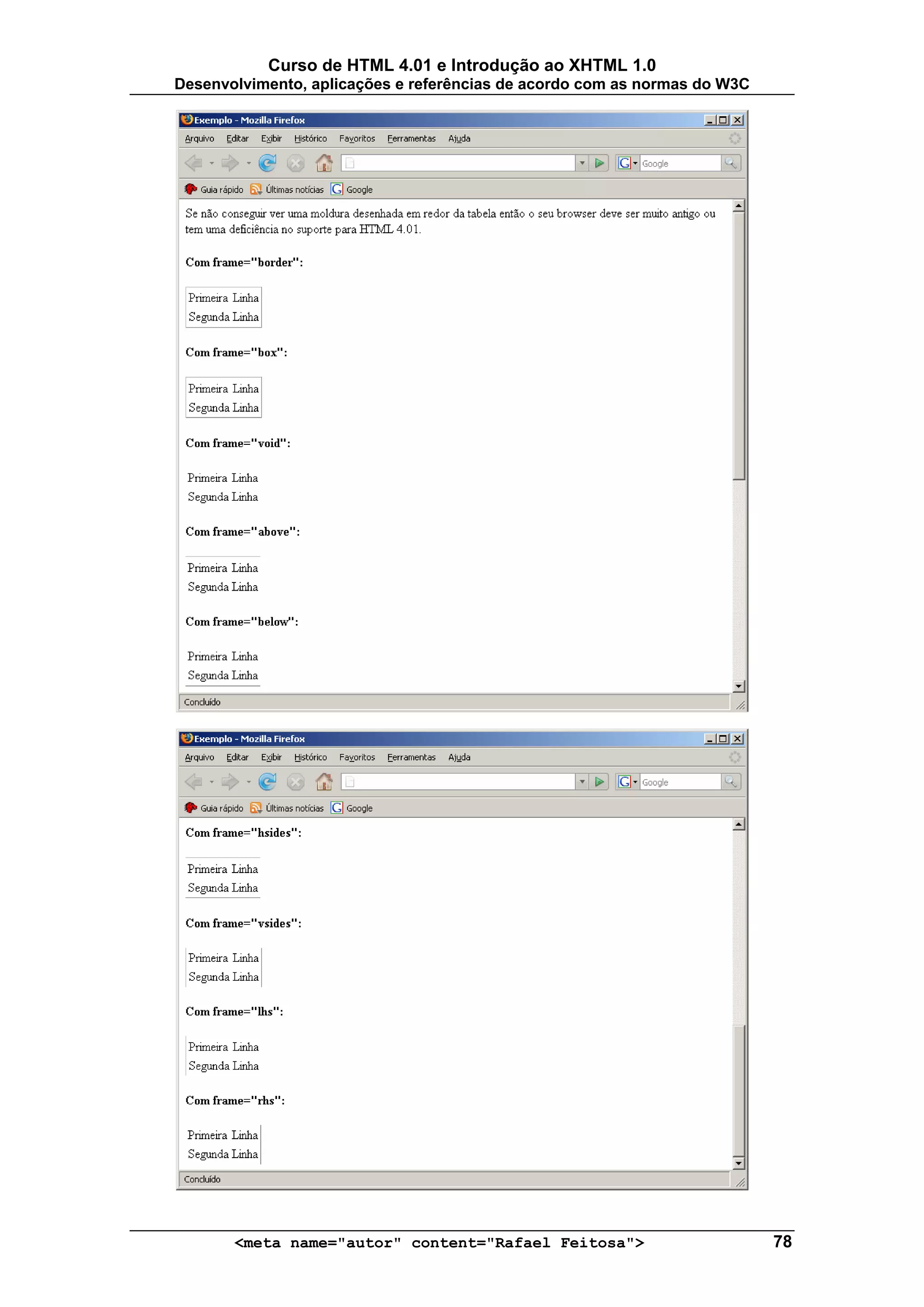 Curso de HTML 4.01 e Introdução ao XHTML 1.0
Desenvolvimento, aplicações e referências de acordo com as normas do W3C




       <meta name="autor" content="Rafael Feitosa">                        78
 