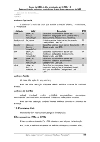 Curso de HTML 4.01 e Introdução ao XHTML 1.0
        Desenvolvimento, aplicações e referências de acordo com as normas do W3C

   Conteúdo do documento...
</body>
</html>

Atributos Opcionais

      A coluna DTD indica as DTDs que aceitam o atributo: S=Strict, T=Transitional,
e F=Frameset.

  Atributo        Valor                                   Descrição                     DTD
alink      rgb(x,x,x)                   Especifica a cor com que devem ser              TF
           #xxxxxx                      mostradas as ligações ativas ("active links")
           nomeDeCor                    do documento. Desaprovado. Use CSS.
background file_name                    Uma imagem de fundo para o documento.           TF
                                        Desaprovado. Use CSS.
bgcolor         rgb(x,x,x)              Especifica a cor de fundo para o documento.     TF
                #xxxxxx                 Desaprovado. Use CSS.
                nomeDeCor
link            rgb(x,x,x)              Especifica a cor com que devem ser              TF
                #xxxxxx                 mostradas as ligações do documento.
                nomeDeCor               Desaprovado. Use CSS.
text            rgb(x,x,x)              Especifica a cor com que devem ser              TF
                #xxxxxx                 mostrados os textos do documento.
                nomeDeCor               Desaprovado. Use CSS.
vlink           rgb(x,x,x)              Especifica a cor com que devem ser              TF
                #xxxxxx                 mostradas as ligações já visitadas ("visited
                nomeDeCor               links") no documento. Desaprovado. Use
                                        CSS.

Atributos Padrão

         id, class, title, style, dir, lang, xml:lang

      Para ver uma descrição completa destes atributos consulte os Atributos
Padrão.

Atributos de Eventos

     onload, onunload, onclick, ondblclick, onmousedown, onmouseup,
onmouseover, onmousemove, onmouseout, onkeypress, onkeydown, onkeyup

      Para ver uma descrição completa destes atributos consulte os Atributos de
Eventos.

15. Elemento <br>
         O elemento <br> insere uma mudança de linha forçada

Diferenças entre o HTML e o XHTML

         Este é um elemento vazio. Em HTML ele não possui etiqueta de finalização.

         Em XHTML o elemento <br> deve ser fechado, escrevendo-se assim: </br>.




                <meta name="autor" content="Rafael Feitosa">                            133
 