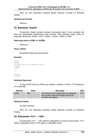 Curso de HTML 4.01 e Introdução ao XHTML 1.0
     Desenvolvimento, aplicações e referências de acordo com as normas do W3C

      Para ver uma descrição completa destes atributos consulte os Atributos
Padrão.

Atributos de Eventos

      Nenhum

33. Elemento <head>
       O elemento <head> contém diversas informações úteis. O seu conteúdo não
deve ser apresentado graficamente pelo browser. Este elemento pode conter os
seguintes elementos: <base>, <link>, <meta>, <script>, <style> e <title>.

Diferenças entre o HTML e o XHTML

      Nenhuma

Dicas e Notas

      Dê sempre títulos aos documentos!

Exemplo

<html>
<head>
<title>Título do documento</title>
</head>
<body>
...
...
...
</body>
</html>

Atributos Opcionais

      A coluna DTD indica as DTDs que aceitam o atributo: S=Strict, T=Transitional,
e F=Frameset.

  Atributo            Valor                     Descrição                       DTD
profile         URL             Uma lista de URLs separadas por espaços         STF
                                que contêm meta-informação acerca do
                                conteúdo da página.

Atributos Padrão

      dir, lang, xml:lang

      Para ver uma descrição completa destes atributos consulte os Atributos
Padrão.

34. Elementos <h1> ... <h6>
       Os elementos <h1> ... <h6> definem cabeçalhos no corpo do documento. <h1>
define o cabeçalho maior e <h6> define o cabeçalho menor.



             <meta name="autor" content="Rafael Feitosa">                       150
 