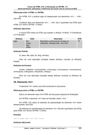 Curso de HTML 4.01 e Introdução ao XHTML 1.0
     Desenvolvimento, aplicações e referências de acordo com as normas do W3C

Diferenças entre o HTML e o XHTML

      Em HTML 4.01 o atributo align foi desaprovado nos elementos <h1> ... <h6>.
Use CSS.

     O atributo align nos elementos <h1> ... <h6> não é suportado nas DTDs para
HTML 4.01 Strict e XHTML 1.0 Strict.

Atributos Opcionais

      A coluna DTD indica as DTDs que aceitam o atributo: S=Strict, T=Transitional,
e F=Frameset.

   Atributo            Valor                            Descrição               DTD
align            left                 Especifica o alinhamento do texto no      TF
                 center               cabeçalho. Desaprovado. Use CSS.
                 right
                 justify

Atributos Padrão

       id, class, title, style, dir, lang, xml:lang

      Para ver uma descrição completa destes atributos consulte os Atributos
Padrão.

Atributos de Eventos

     onclick, ondblclick, onmousedown, onmouseup, onmouseover, onmousemove,
onmouseout, onkeypress, onkeydown, onkeyup

      Para ver uma descrição completa destes atributos consulte os Atributos de
Eventos.

35. Elemento <hr>
       O elemento <hr> insere uma linha horizontal no documento

Diferenças entre o HTML e o XHTML

       Este é um elemento vazio. Em HTML ele não possui etiqueta de finalização.

       Em XHTML o elemento <hr> deve ser fechado, assim: </hr>.

      Em HTML 4.01 todos os atributos de apresentação do elemento <hr> foram
desaprovados. Use CSS.

      Os atributos de apresentação do elemento <hr> não são suportados nas DTDs
para HTML 4.01 Strict e XHTML 1.0 Strict.

Exemplo

Isto é algum texto <hr> Isto é mais

Atributos Opcionais


              <meta name="autor" content="Rafael Feitosa">                      151
 