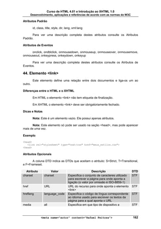 Curso de HTML 4.01 e Introdução ao XHTML 1.0
       Desenvolvimento, aplicações e referências de acordo com as normas do W3C

Atributos Padrão

         id, class, title, style, dir, lang, xml:lang

      Para ver uma descrição completa destes atributos consulte os Atributos
Padrão.

Atributos de Eventos

     onclick, ondblclick, onmousedown, onmouseup, onmouseover, onmousemove,
onmouseout, onkeypress, onkeydown, onkeyup

      Para ver uma descrição completa destes atributos consulte os Atributos de
Eventos.

44. Elemento <link>
         Este elemento define uma relação entre dois documentos e liga-os um ao
outro.

Diferenças entre o HTML e o XHTML

         Em HTML o elemento <link> não tem etiqueta de finalização.

         Em XHTML o elemento <link> deve ser obrigatoriamente fechado.

Dicas e Notas

         Nota: Este é um elemento vazio. Ele possui apenas atributos.

       Nota: Este elemento só pode ser usado na seção <head>, mas pode aparecer
mais de uma vez.

Exemplo

<head>
   <link rel="stylesheet" type="text/css" href="meus_estilos.css">
<head>

Atributos Opcionais

      A coluna DTD indica as DTDs que aceitam o atributo: S=Strict, T=Transitional,
e F=Frameset.

  Atributo              Valor                             Descrição                     DTD
charset            charset              Especifica o conjunto de caracteres utilizado   STF
                                        para escrever a página para onde aponta a
                                        ligação (o valor por omissão é ISO-8859-1)
href               URL                  URL do recurso para onde aponta o elemento      STF
                                        <link>
hreflang           language_code        Especifica o código de língua correspondente    STF
                                        ao idioma usado para escrever os textos da
                                        página para a qual aponta o URL
media              all                  Especifica em que tipo de dispositivo a         STF



                <meta name="autor" content="Rafael Feitosa">                            162
 