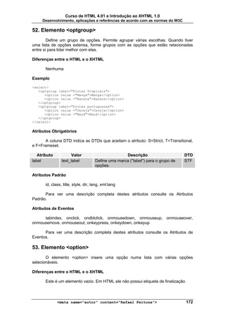 Curso de HTML 4.01 e Introdução ao XHTML 1.0
     Desenvolvimento, aplicações e referências de acordo com as normas do W3C

52. Elemento <optgroup>
        Define um grupo de opções. Permite agrupar várias escolhas. Quando tiver
uma lista de opções extensa, forme grupos com as opções que estão relacionadas
entre si para lidar melhor com elas.

Diferenças entre o HTML e o XHTML

       Nenhuma

Exemplo

<select>
   <optgroup label="Frutas Tropicais">
      <option value ="Manga">Manga</option>
      <option value ="Banana">Banana</option>
   </optgroup>
   <optgroup label="Frutas portuguesas">
      <option value ="Cereja">Cereja</option>
      <option value ="Maçã">Maçã</option>
   </optgroup>
</select>

Atributos Obrigatórios

      A coluna DTD indica as DTDs que aceitam o atributo: S=Strict, T=Transitional,
e F=Frameset.

   Atributo            Valor                         Descrição                     DTD
label            text_label           Define uma marca ("label") para o grupo de   STF
                                      opções.

Atributos Padrão

       id, class, title, style, dir, lang, xml:lang

      Para ver uma descrição completa destes atributos consulte os Atributos
Padrão.

Atributos de Eventos

     tabindex, onclick, ondblclick, onmousedown, onmouseup, onmouseover,
onmousemove, onmouseout, onkeypress, onkeydown, onkeyup

      Para ver uma descrição completa destes atributos consulte os Atributos de
Eventos.

53. Elemento <option>
       O elemento <option> insere uma opção numa lista com várias opções
selecionáveis.

Diferenças entre o HTML e o XHTML

       Este é um elemento vazio. Em HTML ele não possui etiqueta de finalização.



              <meta name="autor" content="Rafael Feitosa">                         172
 