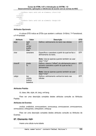 Curso de HTML 4.01 e Introdução ao XHTML 1.0
       Desenvolvimento, aplicações e referências de acordo com as normas do W3C

        <td>Este texto está sob um elemento tfoot</td>
      </tr>
   </tfoot>
   <tbody>
      <tr>
        <td>Este texto está sob um elemento tbody</td>
      </tr>
   </tbody>
</table>

Atributos Opcionais

      A coluna DTD indica as DTDs que aceitam o atributo: S=Strict, T=Transitional,
e F=Frameset.

   Atributo              Valor                          Descrição                        DTD
align               right             Define o alinhamento do texto nas células          STF
                    left
                    center
                    justify
                    char
char                caractere         Especifica o caractere a partir do qual se faz o   STF
                                      alinhamento do texto.

                                      Nota: Usa-se apenas quando também se usar
                                      align="char"
charoff             pixels            Define o desvio ("offset") do alinhamento para o   STF
                    %                 primeiro caractere a partir do qual se faz o
                                      alinhamento

                                      Nota: Usa-se apenas quando também se usar
                                      align="char"
valign              top               Define o alinhamento vertical do texto nas         STF
                    middle            células
                    bottom
                    baseline


Atributos Padrão

          id, class, title, style, dir, lang, xml:lang

      Para ver uma descrição completa destes atributos consulte os Atributos
Padrão.

Atributos de Eventos

     onclick, ondblclick, onmousedown, onmouseup, onmouseover, onmousemove,
onmouseout, onkeypress, onkeydown, onkeyup

      Para ver uma descrição completa destes atributos consulte os Atributos de
Eventos.

67. Elemento <td>
          Insere uma célula numa tabela


                 <meta name="autor" content="Rafael Feitosa">                            185
 