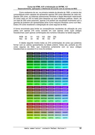 Curso de HTML 4.01 e Introdução ao XHTML 1.0
     Desenvolvimento, aplicações e referências de acordo com as normas do W3C

       Como acabamos de ver, na primeira metade da década de 1990, a maioria dos
computadores eram capazes de apresentar apenas 256 cores diferentes de cada vez.
Dessas 256 cores, os sistemas operacionais Windows e Apple Macintosh reservavam
20 cores cada um (40 no total) para desenhar as suas interfaces gráficas. Assim, de
um total de 256 cores possíveis, apenas 216 podiam ser escolhidas livremente com a
garantia de poderem ser apresentadas tanto numa máquina Windows como num Mac.
Estas 216 cores receberam a designação de cores seguras da Web.

A forma encontrada para limitar as conseqüências resultantes da utilização de uma
paleta com apenas 216 cores consiste em usar apenas cores cujos códigos
hexadecimais usam apenas combinações dos números indicados na tabela seguinte:

      RGB    00      51    102    153    204    255
      Hex    00      33    66     99     CC     FF

       A tabela seguinte mostra todas as 216 combinações de cores que podemos
formar com os valores apresentados na tabela anterior. Estas são, portanto as 216
cores seguras da Web, que mostramos juntamente com os seus códigos
hexadecimais (o caractere # no início foi omitido):




            <meta name="autor" content="Rafael Feitosa">                        52
 