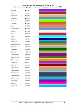 Curso de HTML 4.01 e Introdução ao XHTML 1.0
Desenvolvimento, aplicações e referências de acordo com as normas do W3C




       <meta name="autor" content="Rafael Feitosa">                        56
 