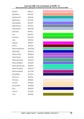 Curso de HTML 4.01 e Introdução ao XHTML 1.0
Desenvolvimento, aplicações e referências de acordo com as normas do W3C




       <meta name="autor" content="Rafael Feitosa">                        58
 