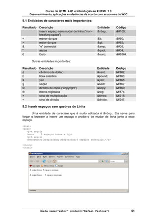 Curso de HTML 4.01 e Introdução ao XHTML 1.0
     Desenvolvimento, aplicações e referências de acordo com as normas do W3C

9.1 Entidades de caracteres mais importantes:

Resultado Descrição                                   Entidade      Código
          inserir espaço sem mudar de linha ("non-    &nbsp;         
          breaking space")
<         menor do que                                <          <
>         maior do que                                >          >
&         "e" comercial                               &amp;         &
"         aspas                                       "        "
€         Euro                                        &euro;        €

      Outras entidades importantes:

Resultado   Descrição                                 Entidade      Código
¢           cêntimo (de dollar)                       &cent;        ¢
£           libra esterlina                           &pound;       £
¥           yen                                       &yen;         ¥
§           seção                                     &sect;        §
©           direitos de cópia ("copyright")           &copy;        ©
®           marca registada                           &reg;         ®
×           sinal de multiplicação                    &times;       ×
÷           sinal de divisão                          &divide;      ÷

9.2 Inserir espaços sem quebras de Linha

       Uma entidade de caractere que é muito utilizada é &nbsp;. Ela serve para
forçar o browser a inserir um espaço e proíbe-o de mudar de linha junto a esse
espaço.

<html>
<body>
   <p>A seguir
   temos     5 espaços normais.</p>
   <p>A seguir
   temos&nbsp;&nbsp;&nbsp;&nbsp;&nbsp;5 espaços especiais.</p>

</body>
</html>




            <meta name="autor" content="Rafael Feitosa">                        61
 