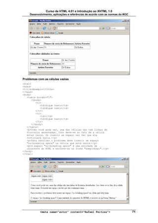 Curso de HTML 4.01 e Introdução ao XHTML 1.0
     Desenvolvimento, aplicações e referências de acordo com as normas do W3C




Problemas com as células vazias
<html>
<head>
<title>Exemplo</title>
</head>
<body>
   <table border="1">
      <tbody>
         <tr>
            <td>Algum texto</td>
            <td>Algum texto</td>
         </tr>
         <tr>
            <td></td>
            <td>Algum texto</td>
         </tr>
      </tbody>
   </table>
   <p>Como você pode ver, uma das células não tem linhas de
   fronteira desenhadas. Isso deve-se ao fato de a célula
   estar vazia. Se inserir um espaço vai ver que ela
   continuará vazia.</p>
   <p>Para resolver o problema deve inserir um espaço
   "no-breaking space" na célula que está vazia.</p>
   <p>O espaço "no-breaking space" é uma entidade de
   caractere do HTML e escreve-se na forma "&amp;nbsp;".</p>
</body>
</html>




            <meta name="autor" content="Rafael Feitosa">                        71
 