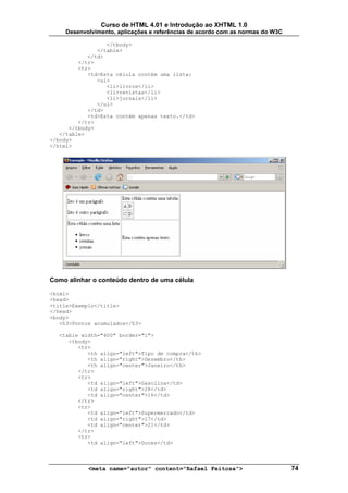 Curso de HTML 4.01 e Introdução ao XHTML 1.0
     Desenvolvimento, aplicações e referências de acordo com as normas do W3C

                  </tbody>
               </table>
            </td>
         </tr>
         <tr>
            <td>Esta célula contém uma lista:
               <ul>
                  <li>livros</li>
                  <li>revistas</li>
                  <li>jornais</li>
               </ul>
            </td>
            <td>Esta contém apenas texto.</td>
         </tr>
      </tbody>
   </table>
</body>
</html>




Como alinhar o conteúdo dentro de uma célula

<html>
<head>
<title>Exemplo</title>
</head>
<body>
   <h3>Pontos acumulados</h3>

  <table width="400" border="1">
     <tbody>
        <tr>
           <th align="left">Tipo de compra</th>
           <th align="right">Dezembro</th>
           <th align="center">Janeiro</th>
        </tr>
        <tr>
           <td align="left">Gasolina</td>
           <td align="right">28</td>
           <td align="center">16</td>
        </tr>
        <tr>
           <td align="left">Supermercado</td>
           <td align="right">17</td>
           <td align="center">21</td>
        </tr>
        <tr>
           <td align="left">Doces</td>



            <meta name="autor" content="Rafael Feitosa">                        74
 