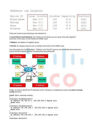 There are 3 columns we should pay more attention to:

+ Local Intrfce (Local Interface): the interface on the device you are using “show cdp neighbors”
command. In this case it is the interface of HOME router

+ Platform: the platform of neighbor device

+ Port ID: the neighbor device’s port or interface which links to the HOME router

From the exhibit, the “Local Interface”, “Platform” and “Port ID” columns, we can identify where these four
routers should be placed and their corresponding associated ports




Finally, we need to identify the IP addresses of four interfaces on neighboring routers using show running-
config command:

Home# show running-config
!
interface FastEthernet0/0
  ip address 192.168.47.1 255.255.255.0 duplex auto
  speed auto
!
interface FastEthernet0/1
  ip address 192.168.238.1 255.255.255.0 duplex auto
  speed auto
!
interface Serial0/0
  ip address 192.168.235.1 255.255.255.0 duplex auto
!
interface Serial0/1
 