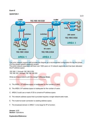 Exam E

QUESTION 1
                                                                                                     Q E1




The junior network support staff provided the diagram as a recommended configuration for the first phase
of a four-phase network expansion project.
The entire network expansion will have over 1000 users on 14 network segments and has been allocated
this IP address space:

192.168.1.1 through 192.168.5.255
192.168.100.1 through 198.168.100.255

What are three problems with this design? (Choose three)



A. The AREA 1 IP address space is inadequate for the number of users.

B. The AREA 3 IP address space is inadequate for the number of users.

C. AREA 2 could use a mask of /25 to conserve IP address space.

D. The network address space that is provided requires a single network-wide mask.

E. The router-to-router connection is wasting address space.

F. The broadcast domain in AREA 1 is too large for IP to function.


Answer: ACE
Section: Operations

Explanation/Reference:
 