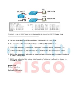 What three things will CORE router do with the data that is received from PC1? (Choose three)



A. The data frames will be forwarded out interface FastEthernet0/1 of CORE router.

B. The data frames will be forwarded out interface FastEthernet1/0 of CORE router.

C. CORE router will replace the destination IP address of the packets with the IP address of PC2.

D. CORE router will place the MAC address of PC2 in the destination MAC address of the frames.

E. CORE router will put the IP address of the forwarding FastEthernet interface in the place of the source
   IP address in the packets.

F. CORE router will put the MAC address of the forwarding FastEthernet interface in the place of the
   source MAC address.


Answer: BDF
Section: Operations

Explanation/Reference:
 