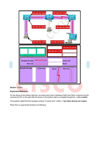 Section: LabSim

Explanation/Reference:

For the device at the bottom-right box, we notice that it has 2 interfaces Fa0/2 and Fa0/4; moreover the link
connects the PC on the right with the device on the bottom-right is a straight-through link -> it is a switch.

The question stated that this topology contains 3 routers and 1 switch -> two other devices are routers

Place them on appropriate locations as following:
 
