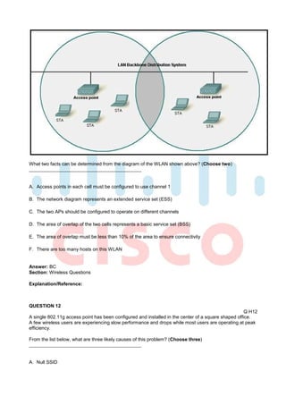 What two facts can be determined from the diagram of the WLAN shown above? (Choose two)



A. Access points in each cell must be configured to use channel 1

B. The network diagram represents an extended service set (ESS)

C. The two APs should be configured to operate on different channels

D. The area of overlap of the two cells represents a basic service set (BSS)

E. The area of overlap must be less than 10% of the area to ensure connectivity

F. There are too many hosts on this WLAN


Answer: BC
Section: Wireless Questions

Explanation/Reference:



QUESTION 12
                                                                                                     Q H12
A single 802.11g access point has been configured and installed in the center of a square shaped office.
A few wireless users are experiencing slow performance and drops while most users are operating at peak
efficiency.

From the list below, what are three likely causes of this problem? (Choose three)



A. Null SSID
 