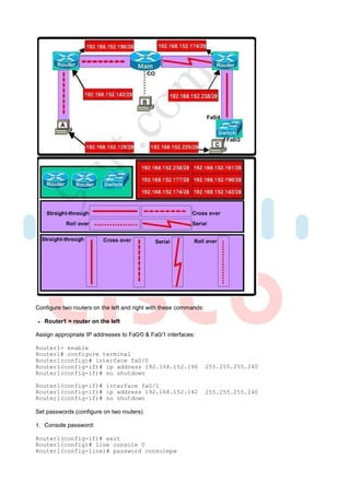 Configure two routers on the left and right with these commands:

   Router1 = router on the left

Assign appropriate IP addresses to Fa0/0 & Fa0/1 interfaces:

Router1> enable
Router1# configure terminal
Router1(config)# interface fa0/0
Router1(config-if)# ip address 192.168.152.190                     255.255.255.240
Router1(config-if)# no shutdown

Router1(config-if)# interface fa0/1
Router1(config-if)# ip address 192.168.152.142                     255.255.255.240
Router1(config-if)# no shutdown

Set passwords (configure on two routers)

1. Console password:

Router1(config-if)# exit
Router1(config)# line console 0
Router1(config-line)# password consolepw
 