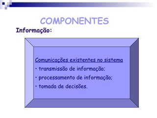 COMPONENTES
Informação:
Comunicações existentes no sistema
• transmissão de informação;
• processamento de informação;
• tomada de decisões.
 
