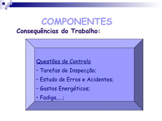 COMPONENTES
Consequências do Trabalho:
Questões de Controlo
• Tarefas de Inspecção;
• Estudo de Erros e Acidentes;
• Gastos Energéticos;
• Fadiga,….;
 