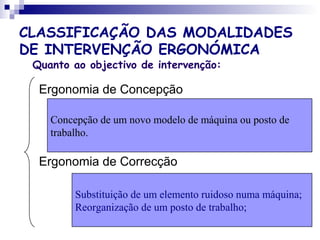 CLASSIFICAÇÃO DAS MODALIDADES
DE INTERVENÇÃO ERGONÓMICA
Quanto ao objectivo de intervenção:
Ergonomia de Concepção
Ergonomia de Correcção
Concepção de um novo modelo de máquina ou posto de
trabalho.
Substituição de um elemento ruidoso numa máquina;
Reorganização de um posto de trabalho;
 