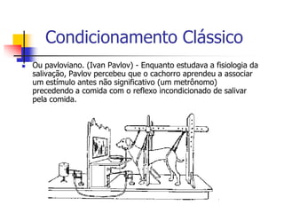 Condicionamento Clássico


Ou pavloviano. (Ivan Pavlov) - Enquanto estudava a fisiologia da
salivação, Pavlov percebeu que o cachorro aprendeu a associar
um estímulo antes não significativo (um metrônomo)
precedendo a comida com o reflexo incondicionado de salivar
pela comida.

 