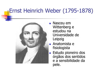 Ernst Heinrich Weber (1795-1878)






Nasceu em
Wittenberg e
estudou na
Universidade de
Leipzig
Anatomista e
fisiologista
Estudo pioneiro dos
órgãos dos sentidos
e a sensibilidade da
pele.

 