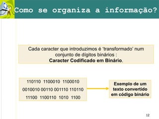 12
Cada caracter que introduzimos é ‘transformado’ num
conjunto de dígitos binários :
Caracter Codificado em Binário.
Como se organiza a informação?
Exemplo de um
texto convertido
em código binário
110110 1100010 1100010
0010010 00110 001110 110110
11100 1100110 1010 1100
 