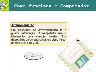 20
Como funciona o Computador
Armazenamento
Um dispositivo de armazenamento lê e
guarda informação. O computador usa a
informação para executar tarefas. São
dispositivos de armazenamento o disco rígido,
as disquetes e os CDs.
 