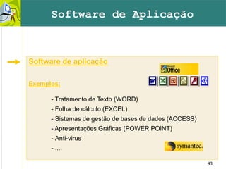 43
Software de aplicação
Exemplos:
- Tratamento de Texto (WORD)
- Folha de cálculo (EXCEL)
- Sistemas de gestão de bases de dados (ACCESS)
- Apresentações Gráficas (POWER POINT)
- Anti-virus
- ....
Software de Aplicação
 
