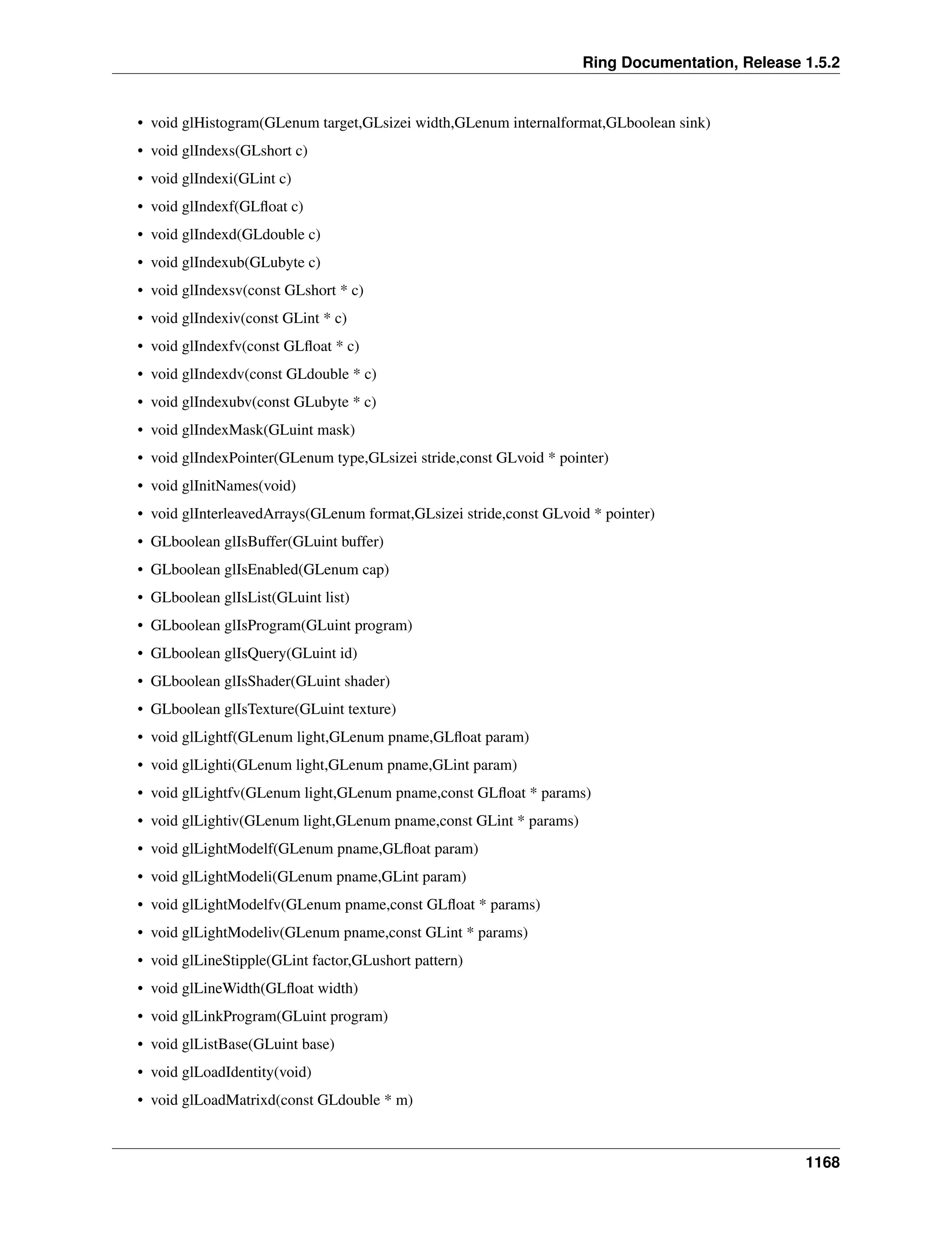 Ring Documentation, Release 1.5.2
• void glHistogram(GLenum target,GLsizei width,GLenum internalformat,GLboolean sink)
• void glIndexs(GLshort c)
• void glIndexi(GLint c)
• void glIndexf(GLﬂoat c)
• void glIndexd(GLdouble c)
• void glIndexub(GLubyte c)
• void glIndexsv(const GLshort * c)
• void glIndexiv(const GLint * c)
• void glIndexfv(const GLﬂoat * c)
• void glIndexdv(const GLdouble * c)
• void glIndexubv(const GLubyte * c)
• void glIndexMask(GLuint mask)
• void glIndexPointer(GLenum type,GLsizei stride,const GLvoid * pointer)
• void glInitNames(void)
• void glInterleavedArrays(GLenum format,GLsizei stride,const GLvoid * pointer)
• GLboolean glIsBuffer(GLuint buffer)
• GLboolean glIsEnabled(GLenum cap)
• GLboolean glIsList(GLuint list)
• GLboolean glIsProgram(GLuint program)
• GLboolean glIsQuery(GLuint id)
• GLboolean glIsShader(GLuint shader)
• GLboolean glIsTexture(GLuint texture)
• void glLightf(GLenum light,GLenum pname,GLﬂoat param)
• void glLighti(GLenum light,GLenum pname,GLint param)
• void glLightfv(GLenum light,GLenum pname,const GLﬂoat * params)
• void glLightiv(GLenum light,GLenum pname,const GLint * params)
• void glLightModelf(GLenum pname,GLﬂoat param)
• void glLightModeli(GLenum pname,GLint param)
• void glLightModelfv(GLenum pname,const GLﬂoat * params)
• void glLightModeliv(GLenum pname,const GLint * params)
• void glLineStipple(GLint factor,GLushort pattern)
• void glLineWidth(GLﬂoat width)
• void glLinkProgram(GLuint program)
• void glListBase(GLuint base)
• void glLoadIdentity(void)
• void glLoadMatrixd(const GLdouble * m)
1168
 