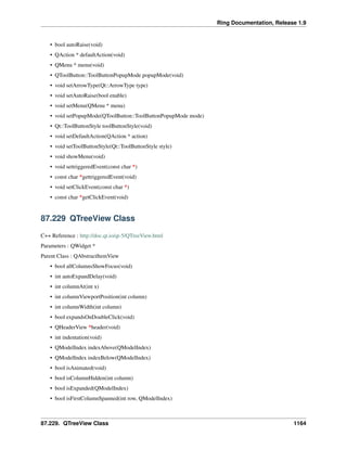 Ring Documentation, Release 1.9
• bool autoRaise(void)
• QAction * defaultAction(void)
• QMenu * menu(void)
• QToolButton::ToolButtonPopupMode popupMode(void)
• void setArrowType(Qt::ArrowType type)
• void setAutoRaise(bool enable)
• void setMenu(QMenu * menu)
• void setPopupMode(QToolButton::ToolButtonPopupMode mode)
• Qt::ToolButtonStyle toolButtonStyle(void)
• void setDefaultAction(QAction * action)
• void setToolButtonStyle(Qt::ToolButtonStyle style)
• void showMenu(void)
• void settriggeredEvent(const char *)
• const char *gettriggeredEvent(void)
• void setClickEvent(const char *)
• const char *getClickEvent(void)
87.229 QTreeView Class
C++ Reference : http://doc.qt.io/qt-5/QTreeView.html
Parameters : QWidget *
Parent Class : QAbstractItemView
• bool allColumnsShowFocus(void)
• int autoExpandDelay(void)
• int columnAt(int x)
• int columnViewportPosition(int column)
• int columnWidth(int column)
• bool expandsOnDoubleClick(void)
• QHeaderView *header(void)
• int indentation(void)
• QModelIndex indexAbove(QModelIndex)
• QModelIndex indexBelow(QModelIndex)
• bool isAnimated(void)
• bool isColumnHidden(int column)
• bool isExpanded(QModelIndex)
• bool isFirstColumnSpanned(int row, QModelIndex)
87.229. QTreeView Class 1164
 