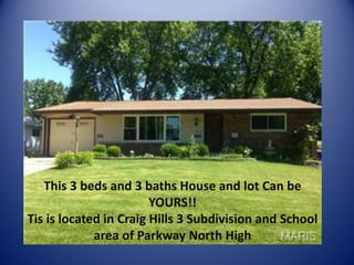 This 3 beds and 3 baths House and lot Can be YOURS!! 
Tis is located in Craig Hills 3 Subdivision and School area of Parkway North High  
