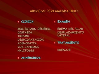 ABSCESO PERIAMIGDALINO
CLINICA
MAL ESTADO GENERAL
DISFAGIA
TRISMO
DESHIDRATACIÓN
ADENOPATÍA
VOZ GANGOSA
HALITOSIS
ANAEROBIOS
EXAMEN
EDEMA DEL PILAR
DESPLAZAMIENTO
LATERAL
TRATAMIENTO
DRENAJE
 