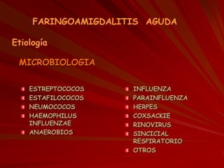 MICROBIOLOGIA
ESTREPTOCOCOS
ESTAFILOCOCOS
NEUMOCOCOS
HAEMOPHILUS
INFLUENZAE
ANAEROBIOS
INFLUENZA
PARAINFLUENZA
HERPES
COXSACKIE
RINOVIRUS
SINCICIAL
RESPIRATORIO
OTROS
FARINGOAMIGDALITIS AGUDA
Etiología
 