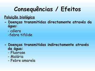Consequências / Efeitos
Poluição biológica
- Doenças transmitidas directamente através da
água:
- cólera
-febre tifóide
- Doenças transmitidas indirectamente através
da água:
- Fluorose
- Malária
- Febre amarela
 