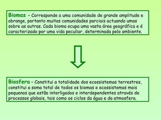 Biosfera – Constitui a totalidade dos ecossistemas terrestres,
constitui a soma total de todos os biomas e ecossistemas mais
pequenos que estão interligados e interdependentes através de
processos globais, tais como os ciclos da água e da atmosfera.
Biomas – Corresponde a uma comunidade de grande amplitude e
abrange, portanto muitas comunidades parciais actuando umas
sobre as outras. Cada bioma ocupa uma vasta área geográfica e é
caracterizado por uma vida peculiar, determinada pelo ambiente.
 