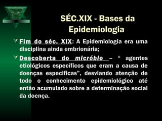 SÉC.XIX - Bases da
Epidemiologia
 Fim do séc. XIX: A Epidemiologia era uma
disciplina ainda embrionária;
 Descoberta do micróbio – “ agentes
etiológicos específicos que eram a causa de
doenças especificas”, desviando atenção de
todo o conhecimento epidemiológico até
então acumulado sobre a determinação social
da doença.
 