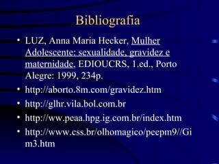 Bibliografia LUZ, Anna Maria Hecker,  Mulher Adolescente: sexualidade, gravidez e maternidade , EDIOUCRS, 1.ed., Porto Alegre: 1999, 234p. http://aborto.8m.com/gravidez.htm http://glhr.vila.bol.com.br http://ww.peaa.hpg.ig.com.br/index.htm http://www.css.br/olhomagico/peepm9//Gim3.htm 