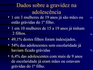 Dados sobre a gravidez na adolescência 1 em 3 mulheres de 19 anos já são mães ou estão grávidas do 1º filho. 1 em 10 mulheres de 15 a 19 anos já tinham  2 filhos. 49,1% destes filhos foram indesejados. 54% das adolescentes sem escolaridade já haviam ficado grávidas 6,4% das adolescentes com mais de 9 anos de escolaridade já eram mães ou estavam grávidas do 1º filho. 