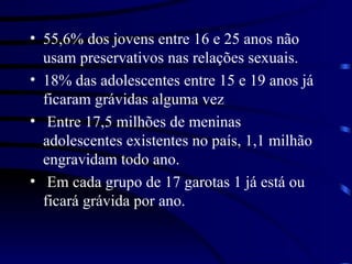 55,6% dos jovens entre 16 e 25 anos não usam preservativos nas relações sexuais. 18% das adolescentes entre 15 e 19 anos já ficaram grávidas alguma vez Entre 17,5 milhões de meninas adolescentes existentes no país, 1,1 milhão engravidam todo ano. Em cada grupo de 17 garotas 1 já está ou ficará grávida por ano. 