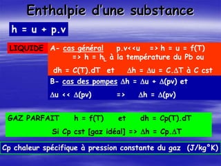 Enthalpie d’une substance
LIQUIDE A- cas général p.v<<u => h = u = f(T)
=> h = hL à la température du Pb ou
dh = C(T).dT et Dh = Du = C.DT à C cst
GAZ PARFAIT h = f(T) et dh = Cp(T).dT
Si Cp cst [gaz idéal] => Dh = Cp.DT
Cp chaleur spécifique à pression constante du gaz (J/kg°K)
h = u + p.v
B- cas des pompes Dh = Du + D(pv) et
Du << D(pv) => Dh = D(pv)
 