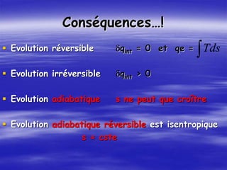 Conséquences…!
 Evolution réversible qint = 0 et qe =
 Evolution irréversible qint > 0
 Evolution adiabatique s ne peut que croître
 Evolution adiabatique réversible est isentropique
s = cste
Tds
 
