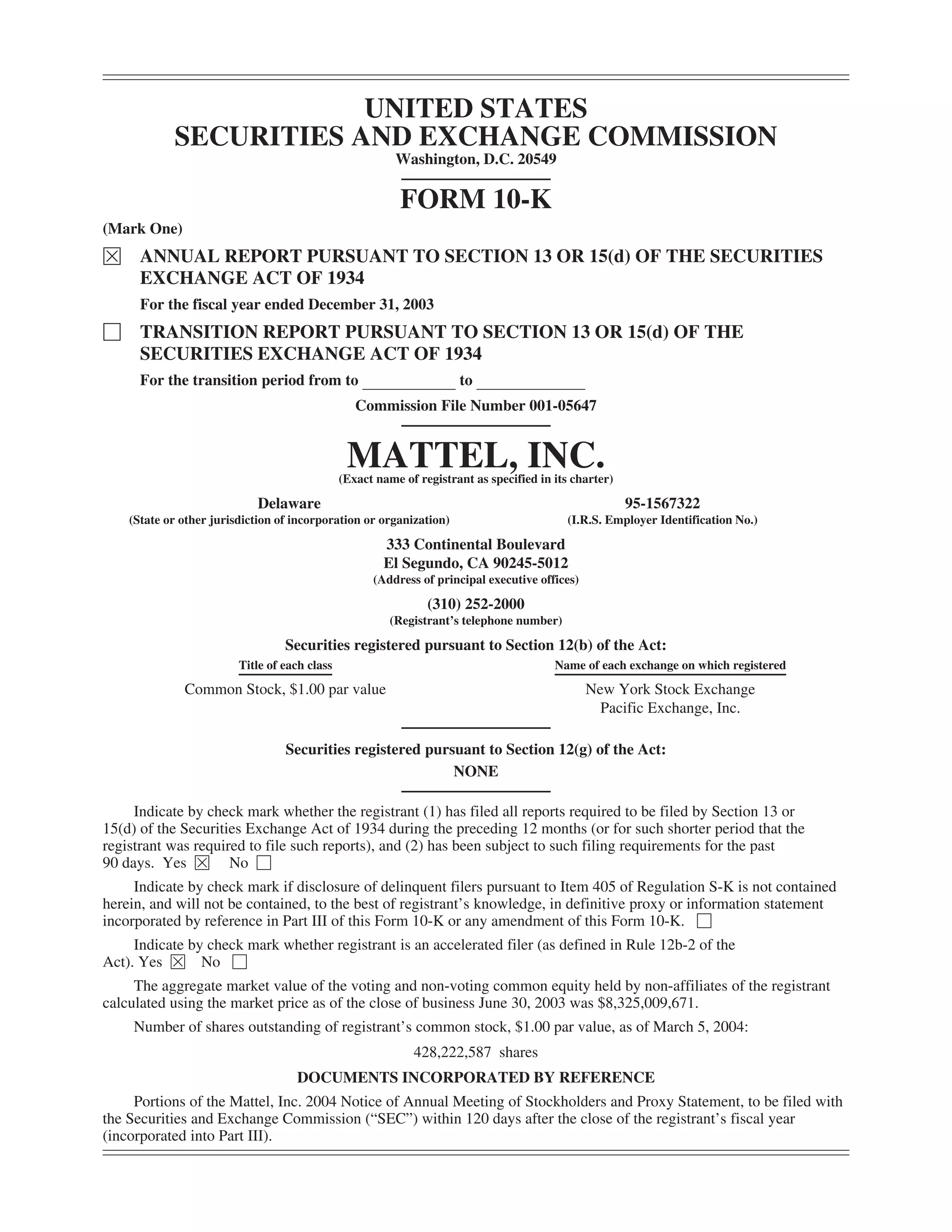 mattel annual reports 2003