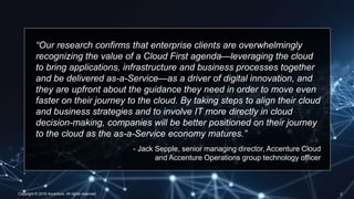 3
Copyright © 2016 Accenture. All rights reserved. 3
“Our research confirms that enterprise clients are overwhelmingly
recognizing the value of a Cloud First agenda—leveraging the cloud
to bring applications, infrastructure and business processes together
and be delivered as-a-Service—as a driver of digital innovation, and
they are upfront about the guidance they need in order to move even
faster on their journey to the cloud. By taking steps to align their cloud
and business strategies and to involve IT more directly in cloud
decision-making, companies will be better positioned on their journey
to the cloud as the as-a-Service economy matures.”
- Jack Sepple, senior managing director, Accenture Cloud
and Accenture Operations group technology officer
 