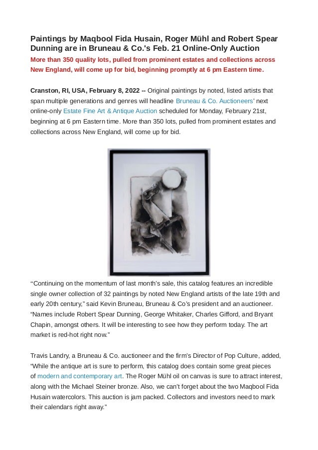 Original Paintings by Mühl, Husain, Dunning will Headline Bruneau & Co