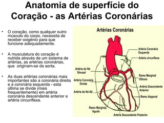 Anatomia de superfície do
Coração - as Artérias Coronárias
• O coração, como qualquer outro
músculo do corpo, necessita de
receber oxigénio para que
funcione adequadamente.
• A musculatura do coração é
nutrida através de um sistema de
artérias, as artérias coronárias,
que originam-se da aorta.
• As duas artérias coronárias mais
importantes são a coronária direita
e a coronária esquerda - esta
última se divide (mais
frequentemente) em artéria
coronária descendente anterior e
artéria circunflexa.
 