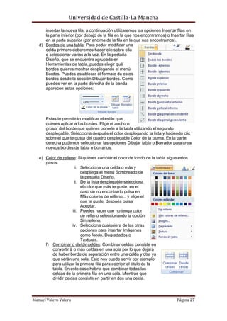 Universidad de Castilla-La Mancha

      insertar la nueva fila, a continuación utilizaremos las opciones Insertar filas en
      la parte inferior (por debajo de la fila en la que nos encontramos) o Insertar filas
      en la parte superior (por encima de la fila en la que nos encontramos).
   d) Bordes de una tabla: Para poder modificar una
      celda primero deberemos hacer clic sobre ella
      o seleccionar varias a la vez. En la pestaña
      Diseño, que se encuentra agrupada en
      Herramientas de tabla, puedes elegir qué
      bordes quieres mostrar desplegando el menú
      Bordes. Puedes establecer el formato de estos
      bordes desde la sección Dibujar bordes. Como
      puedes ver en la parte derecha de la banda
      aparecen estas opciones:




       Estas te permitirán modificar el estilo que
       quieres aplicar a los bordes. Elige el ancho o
       grosor del borde que quieres ponerle a la tabla utilizando el segundo
       desplegable. Selecciona después el color desplegando la lista y haciendo clic
       sobre el que te gusta del cuadro desplegable Color de la pluma. En la parte
       derecha podemos seleccionar las opciones Dibujar tabla o Borrador para crear
       nuevos bordes de tabla o borrarlos.

   e) Color de relleno: Si quieres cambiar el color de fondo de la tabla sigue estos
      pasos:
                       i. Selecciona una celda o más y
                          despliega el menú Sombreado de
                          la pestaña Diseño.
                      ii. De la lista desplegable selecciona
                          el color que más te guste, en el
                          caso de no encontrarlo pulsa en
                          Más colores de relleno... y elige el
                          que te guste, después pulsa
                          Aceptar.
                     iii. Puedes hacer que no tenga color
                          de relleno seleccionando la opción
                          Sin relleno.
                     iv. Selecciona cualquiera de las otras
                          opciones para insertar Imágenes
                          como fondo, Degradados o
                          Texturas.
      f) Combinar o dividir celdas: Combinar celdas consiste en
         convertir 2 o más celdas en una sola por lo que dejará
         de haber borde de separación entre una celda y otra ya
         que serán una sola. Esto nos puede servir por ejemplo
         para utilizar la primera fila para escribir el título de la
         tabla. En este caso habría que combinar todas las
         celdas de la primera fila en una sola. Mientras que
         dividir celdas consiste en partir en dos una celda.




Manuel Valero Valera                                                            Página 27
 