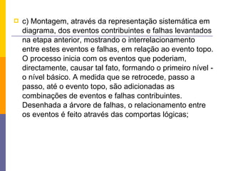    c) Montagem, através da representação sistemática em
    diagrama, dos eventos contribuintes e falhas levantados
    na etapa anterior, mostrando o interrelacionamento
    entre estes eventos e falhas, em relação ao evento topo.
    O processo inicia com os eventos que poderiam,
    directamente, causar tal fato, formando o primeiro nível -
    o nível básico. A medida que se retrocede, passo a
    passo, até o evento topo, são adicionadas as
    combinações de eventos e falhas contribuintes.
    Desenhada a árvore de falhas, o relacionamento entre
    os eventos é feito através das comportas lógicas;
 