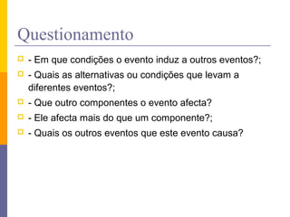 Questionamento
   - Em que condições o evento induz a outros eventos?;
   - Quais as alternativas ou condições que levam a
    diferentes eventos?;
   - Que outro componentes o evento afecta?
   - Ele afecta mais do que um componente?;
   - Quais os outros eventos que este evento causa?
 