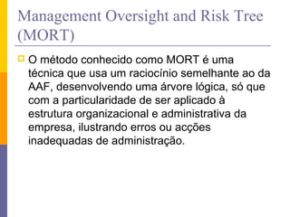 Management Oversight and Risk Tree
(MORT)
   O método conhecido como MORT é uma
    técnica que usa um raciocínio semelhante ao da
    AAF, desenvolvendo uma árvore lógica, só que
    com a particularidade de ser aplicado à
    estrutura organizacional e administrativa da
    empresa, ilustrando erros ou acções
    inadequadas de administração.
 