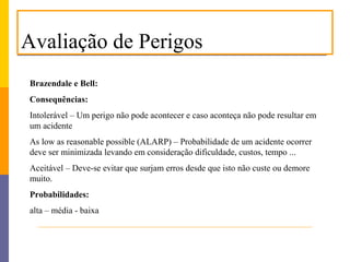 Avaliação de Perigos
Brazendale e Bell:
Consequências:
Intolerável – Um perigo não pode acontecer e caso aconteça não pode resultar em
um acidente
As low as reasonable possible (ALARP) – Probabilidade de um acidente ocorrer
deve ser minimizada levando em consideração dificuldade, custos, tempo ...
Aceitável – Deve-se evitar que surjam erros desde que isto não custe ou demore
muito.
Probabilidades:
alta – média - baixa
 